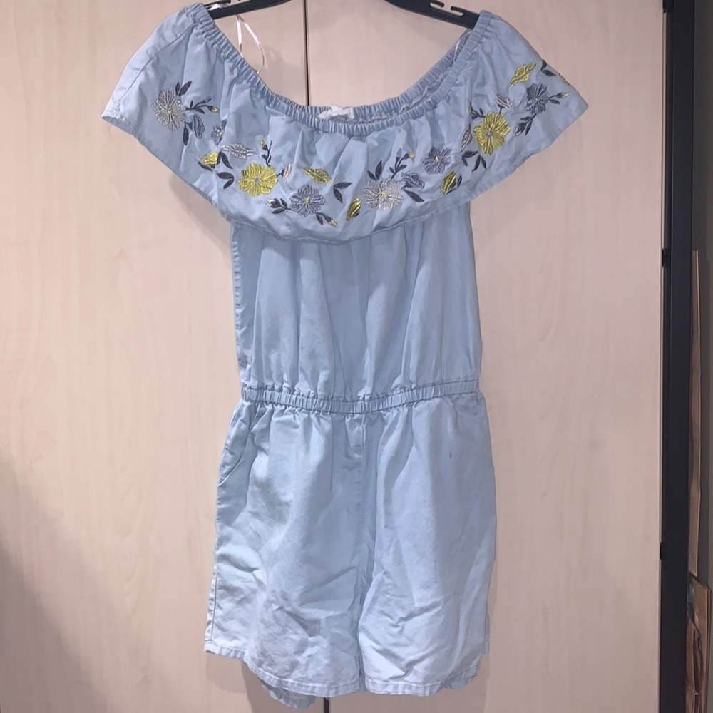 Denim Romper with Flowers